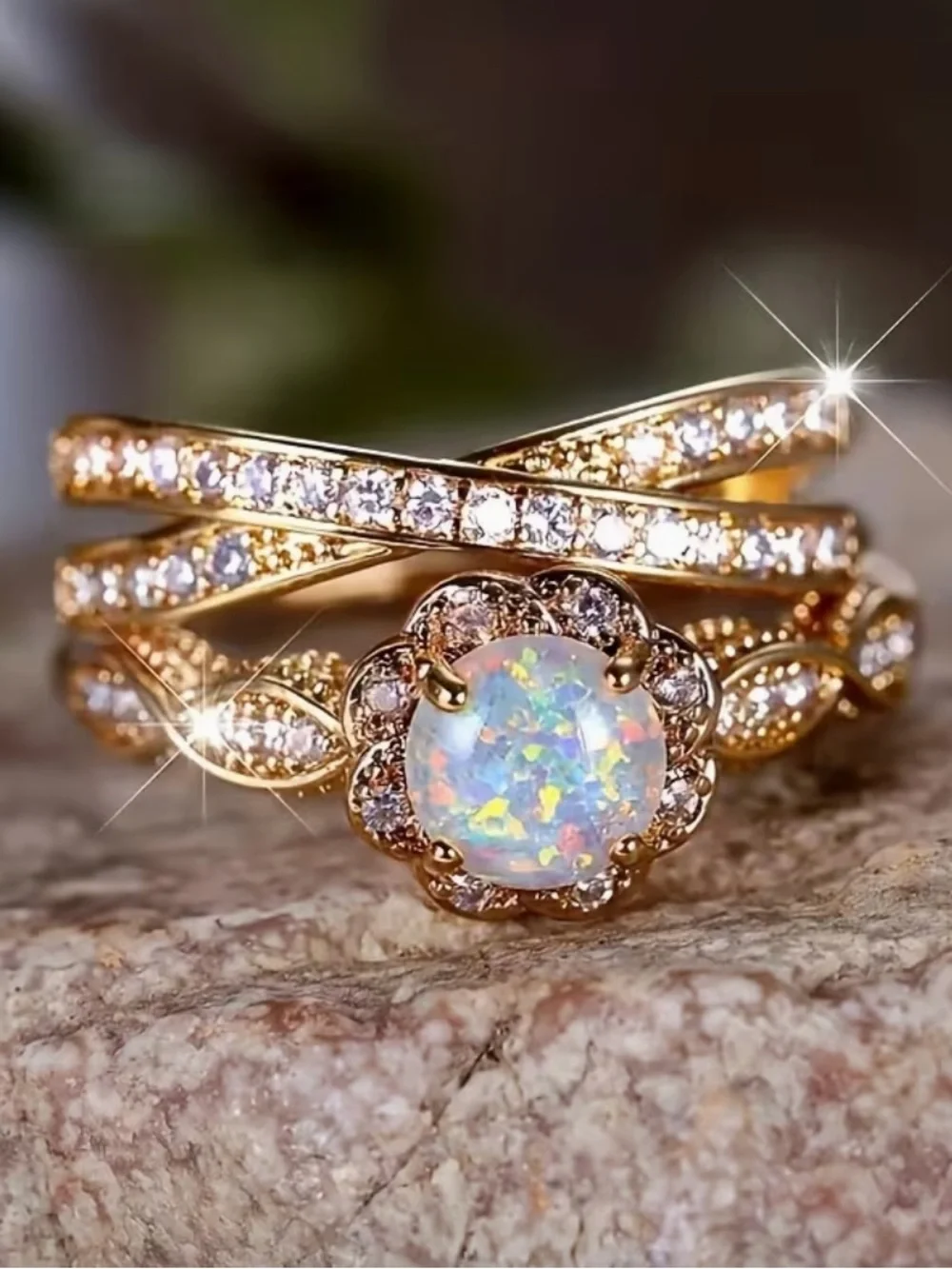 Gold Opal Floral Halo Bridal White Ring.